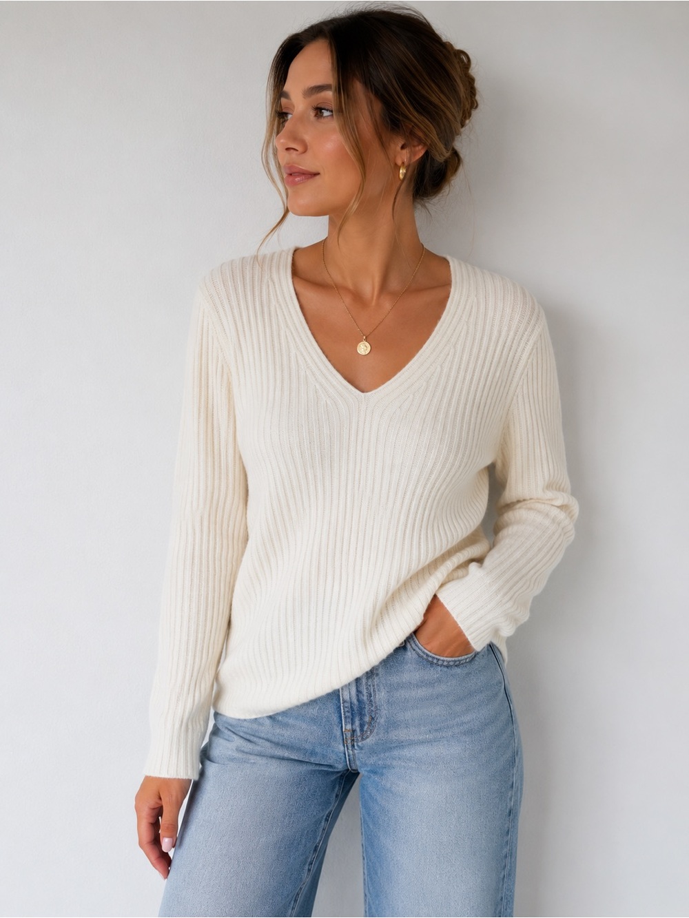 Banana Republic Italian Yarn Merino Wool Cashmere Ribbed V-Neck Sweater Cream La